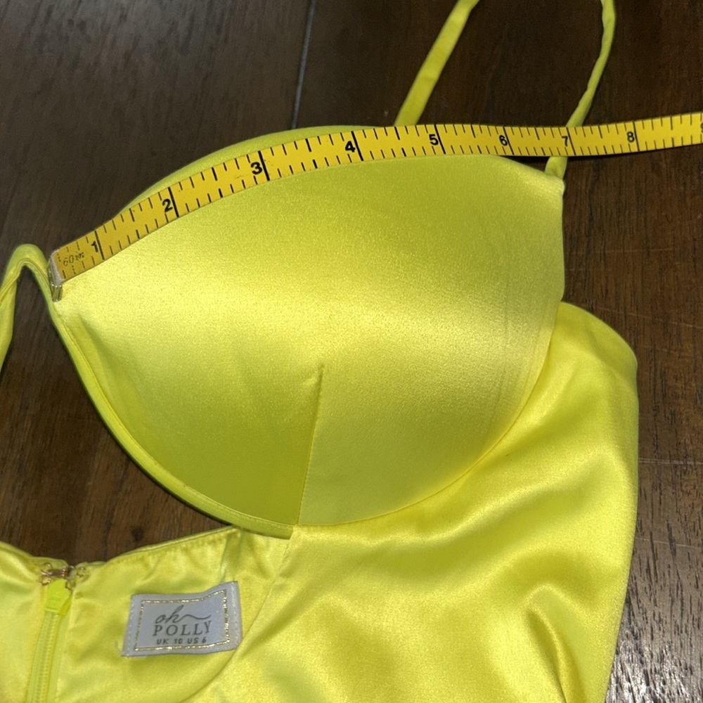 oh POLLY ‘Ahead Of The Curve' Underwired Satin Mini Dress in Neon Yellow - Picture 9 of 16